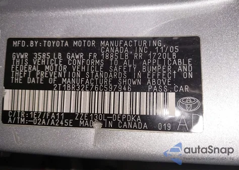 2006 Toyota Corolla Ce from USA, damaged, VIN 2T1BR32E76C597946